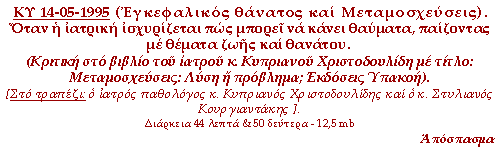 Εγκεφαλικός θάνατος και Μεταμοσχεύσεις. Όταν η ιατρική ισχυρίζεται πως μπορεί να κάνει θαύματα, παίζοντας με θέματα ζωής και θανάτου. Κριτική στο βιβλίο του ιατρού κ. Κυπριανού Χριστοδουλιδη.