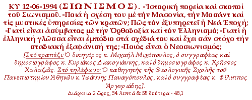 -Ιστορική πορεία και σκοποί του Σιωνισμού. -Ποια η σχέση του με την Μασονία, την Μοσάντ και τις μυστικές υπηρεσίες  των κρατών; Πώς τον εξυπηρετεί η Νέα Εποχή; -Γιατί είναι ασύμβατος με την Ορθοδοξία και τον Ελληνισμό; -Γιατί η ελληνική γλώσσα είναι εμπόδιο στα  σχέδιά του και έχει σαν στόχο την σταδιακή εξαφάνισή της; -Ποιος είναι ο Νεοσιωνισμός;