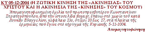 Απομαγνητοφωνημένη ομιλία του πρωτοπρεσβυτέρου Κωνσταντίνου Στρατηγόπουλου, από την ιστοσελίδα floga.gr, επάνω στο χωρίο του κατά Λουκάν Ευαγγελίου, κεφάλαιο 13ο, στίχοι 10 έως 17, στα πλαίσια της ερμηνείας που έγινε στο κήρυγμα της Κυριακής 5-12-2004.